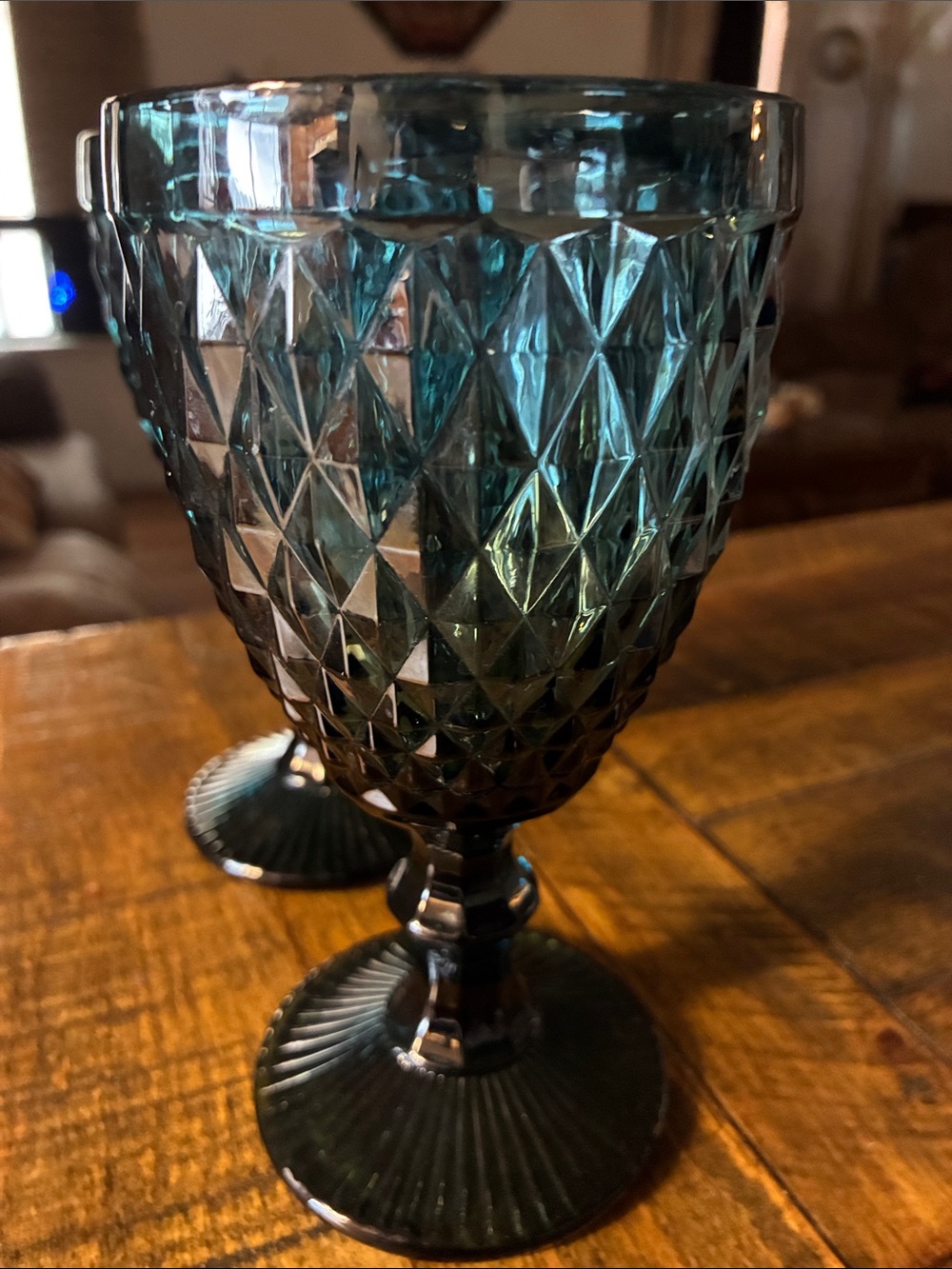 Teal Diamond-Cut Goblet Glassware - Elegant Home Dining Pair